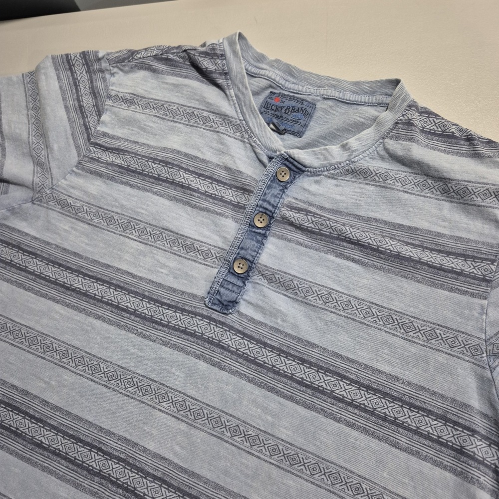 Lucky Brand Henley Shirt Mens Medium Blue Southwestern Aztec True Indigo Tee